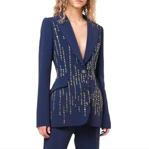 Carolina Herrera Beaded Embroidered Blazer Jacket Blue Women Size 10